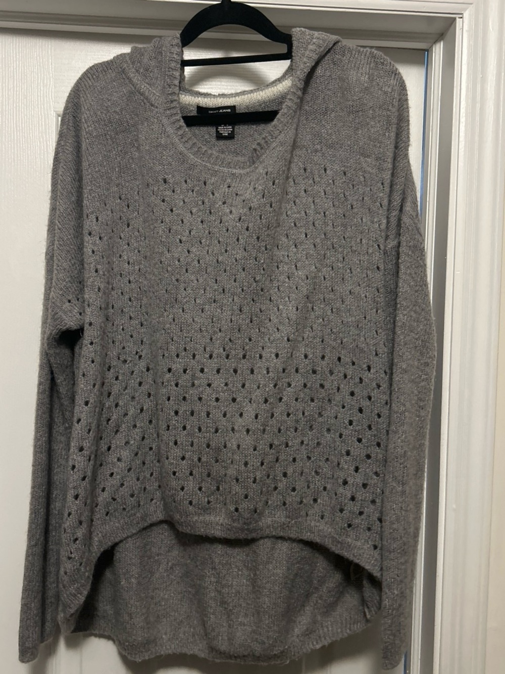 DKNY Gray Open-Knit Hooded Pullover Sweater